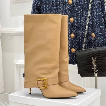 Balmain Anthem Calfskin Leather Heel High Boots 7.5cm with Buckle Beige 2025 (MD-250827067)