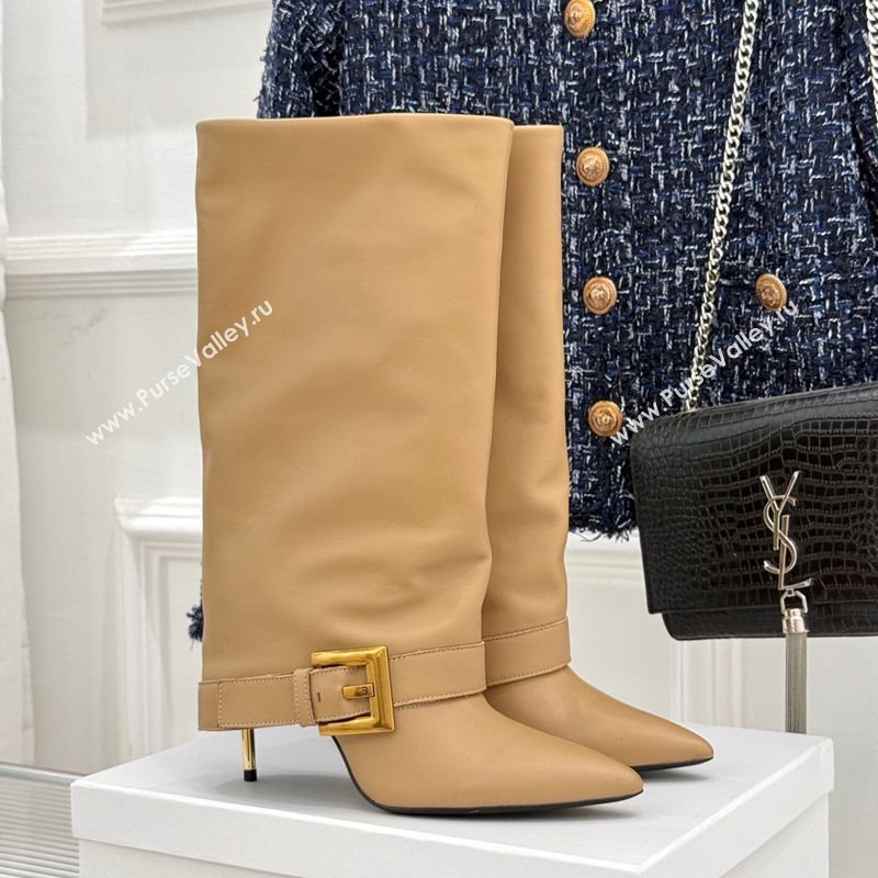 Balmain Anthem Calfskin Leather Heel High Boots 7.5cm with Buckle Beige 2025 (MD-250827067)
