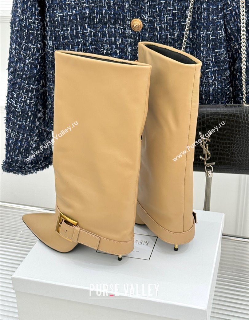 Balmain Anthem Calfskin Leather Heel High Boots 7.5cm with Buckle Beige 2025 (MD-250827067)