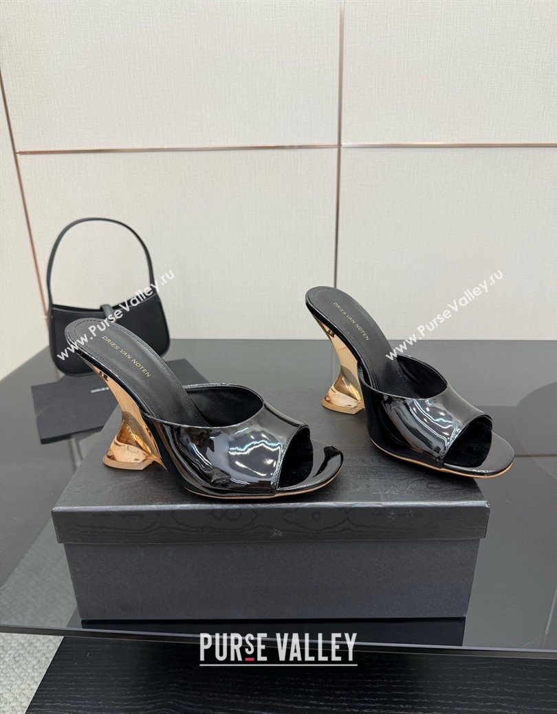 Dries Van Noten Patent Leather Wedge Slides Sandal 10.5cm Black 2025 0827 (MD-250827041)