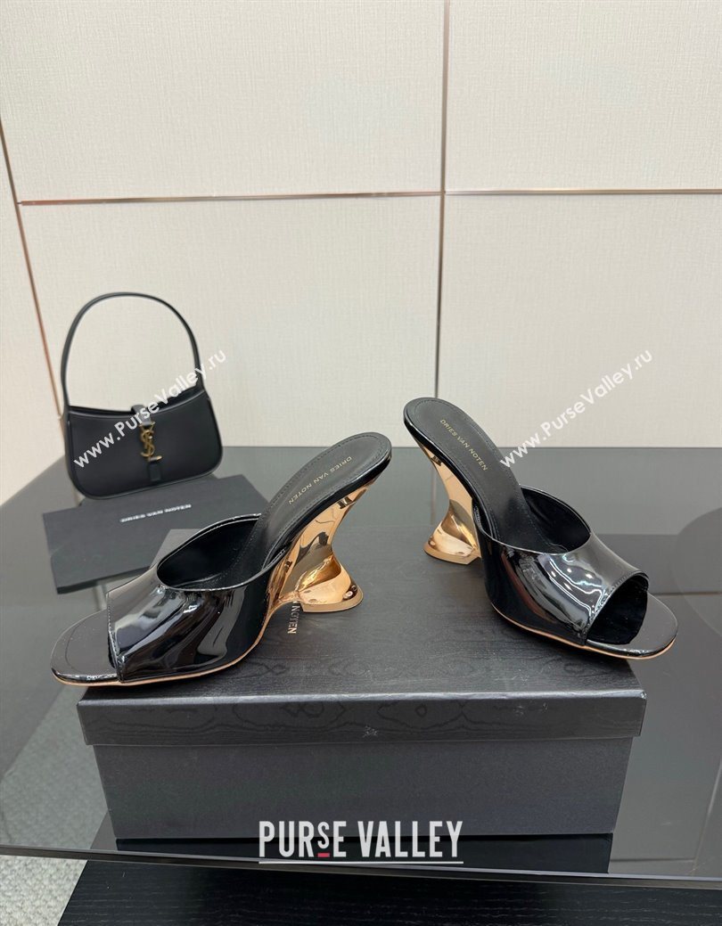 Dries Van Noten Patent Leather Wedge Slides Sandal 10.5cm Black 2025 0827 (MD-250827041)
