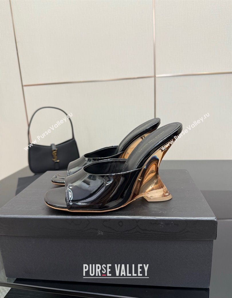 Dries Van Noten Patent Leather Wedge Slides Sandal 10.5cm Black 2025 0827 (MD-250827041)