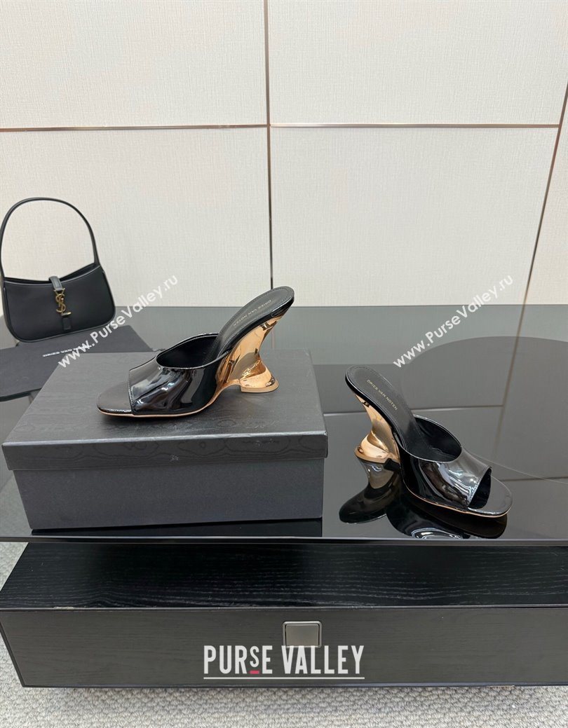 Dries Van Noten Patent Leather Wedge Slides Sandal 10.5cm Black 2025 0827 (MD-250827041)