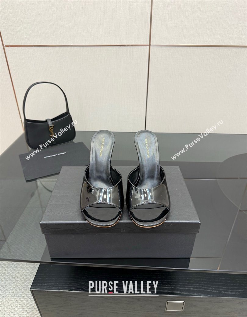 Dries Van Noten Patent Leather Wedge Slides Sandal 10.5cm Black 2025 0827 (MD-250827041)