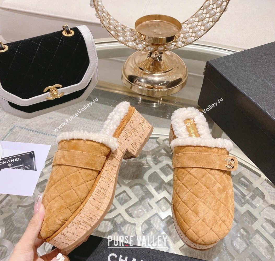 Chanel Quilted Suede and Wool Platform Mules with Strap Dark Beige 2025 CH110407 (MD-251104077)