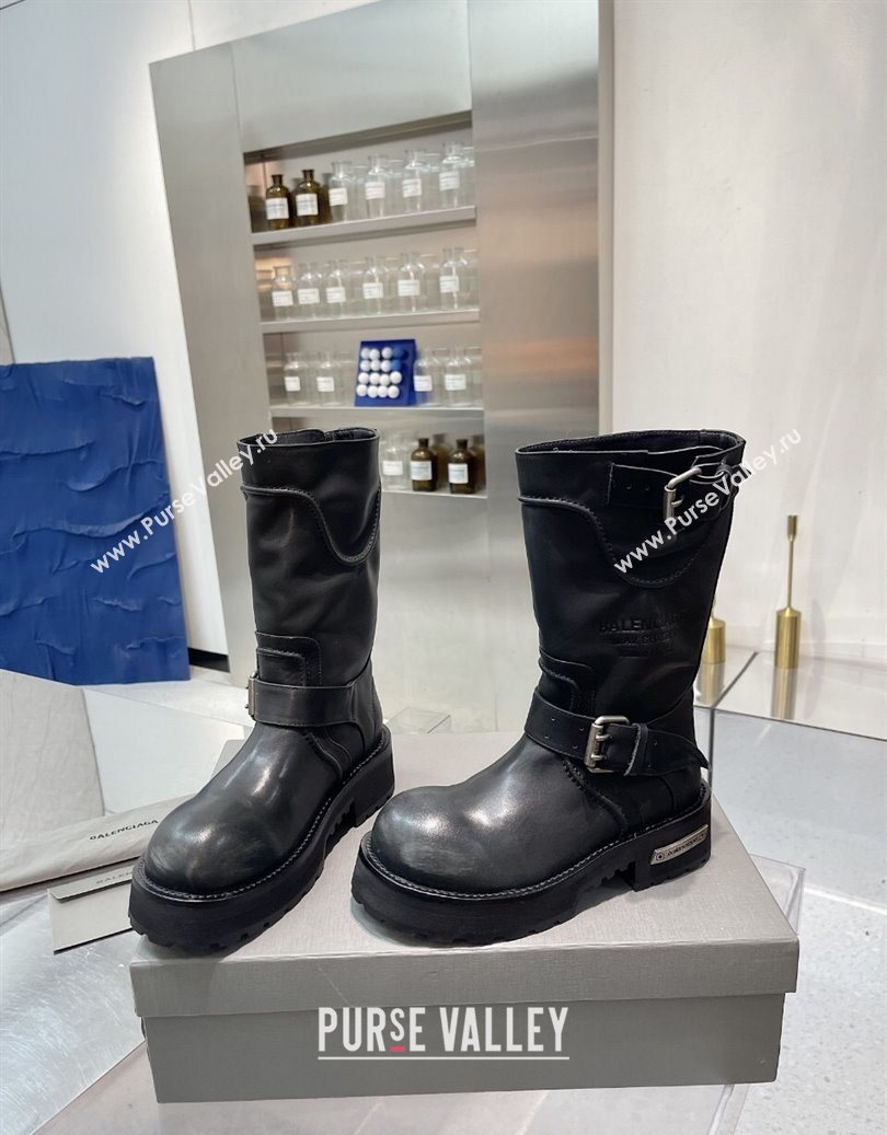 Balenciaga Womens Venom Mid Boots 5cm with Strap Buckle in Calfskin Leather Black 2025 1104 (XL-251104104)