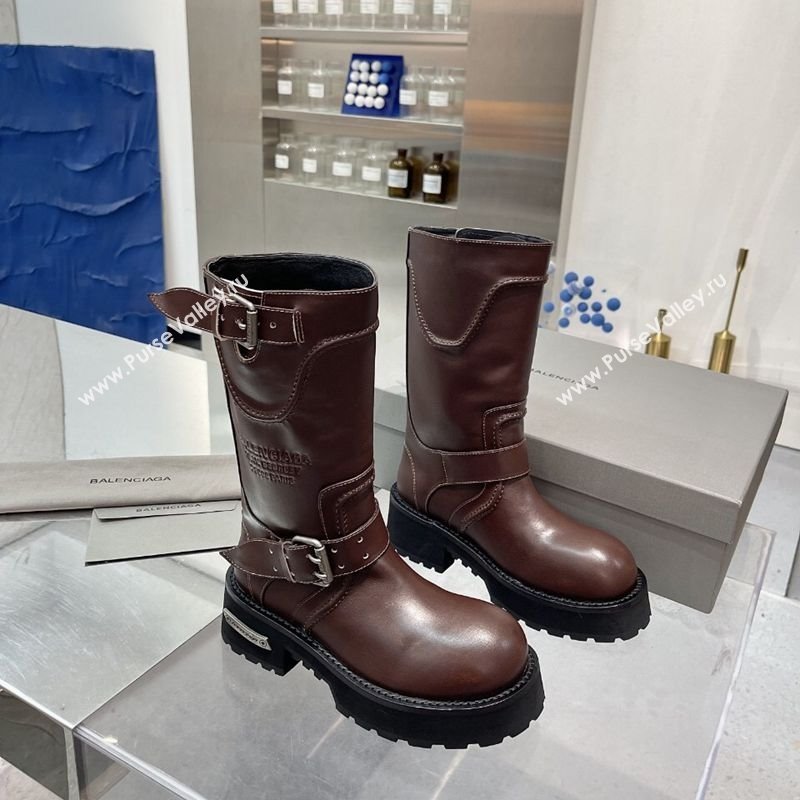 Balenciaga Womens Venom Mid Boots 5cm with Strap Buckle in Calfskin Leather Brown 2025 1104 (XL-251104105)
