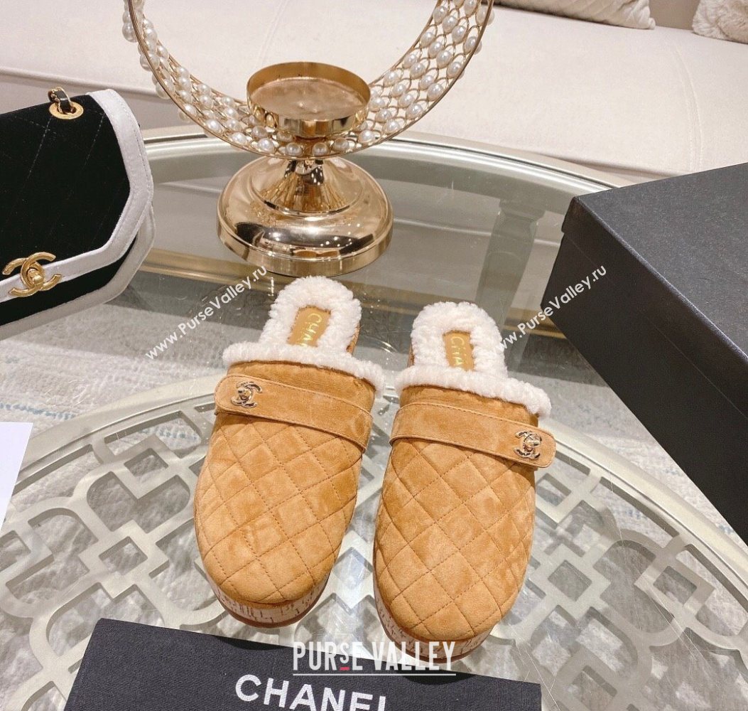 Chanel Quilted Suede and Wool Platform Mules with Strap Dark Beige 2025 CH110407 (MD-251104077)