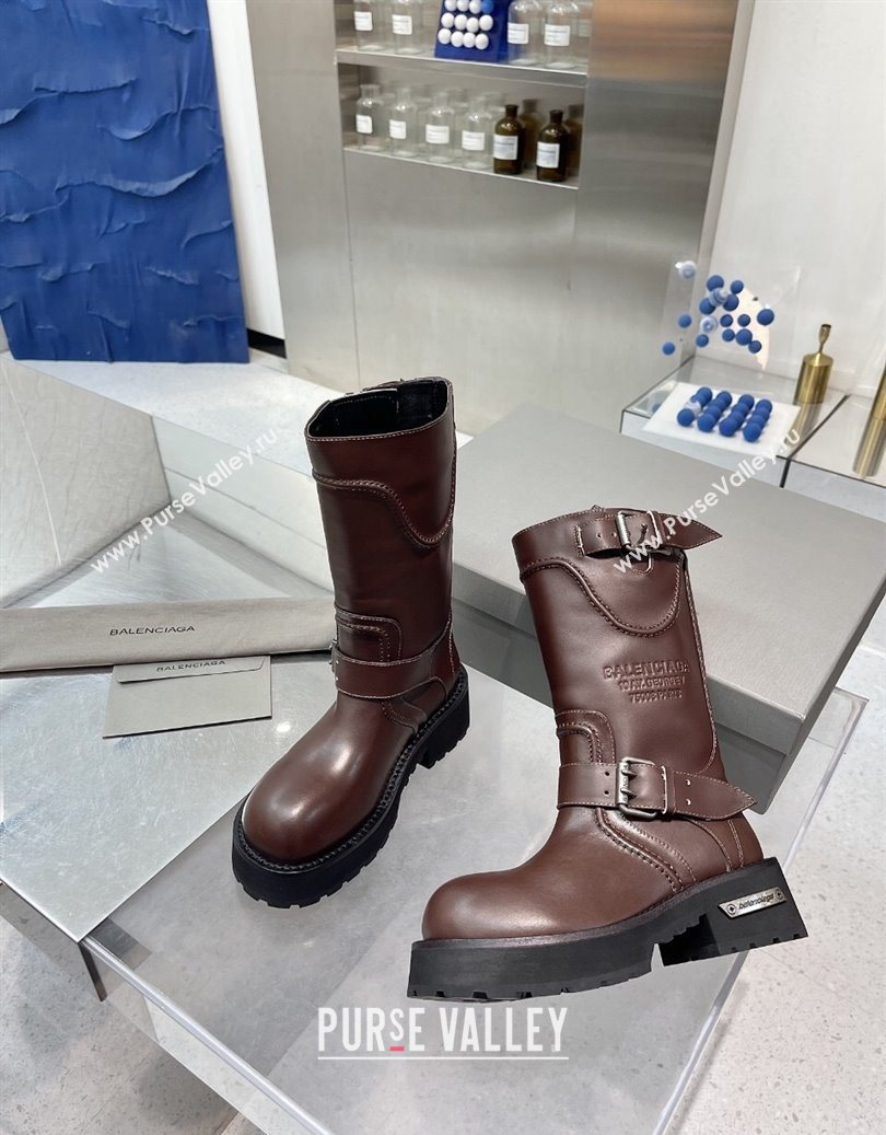 Balenciaga Womens Venom Mid Boots 5cm with Strap Buckle in Calfskin Leather Brown 2025 1104 (XL-251104105)