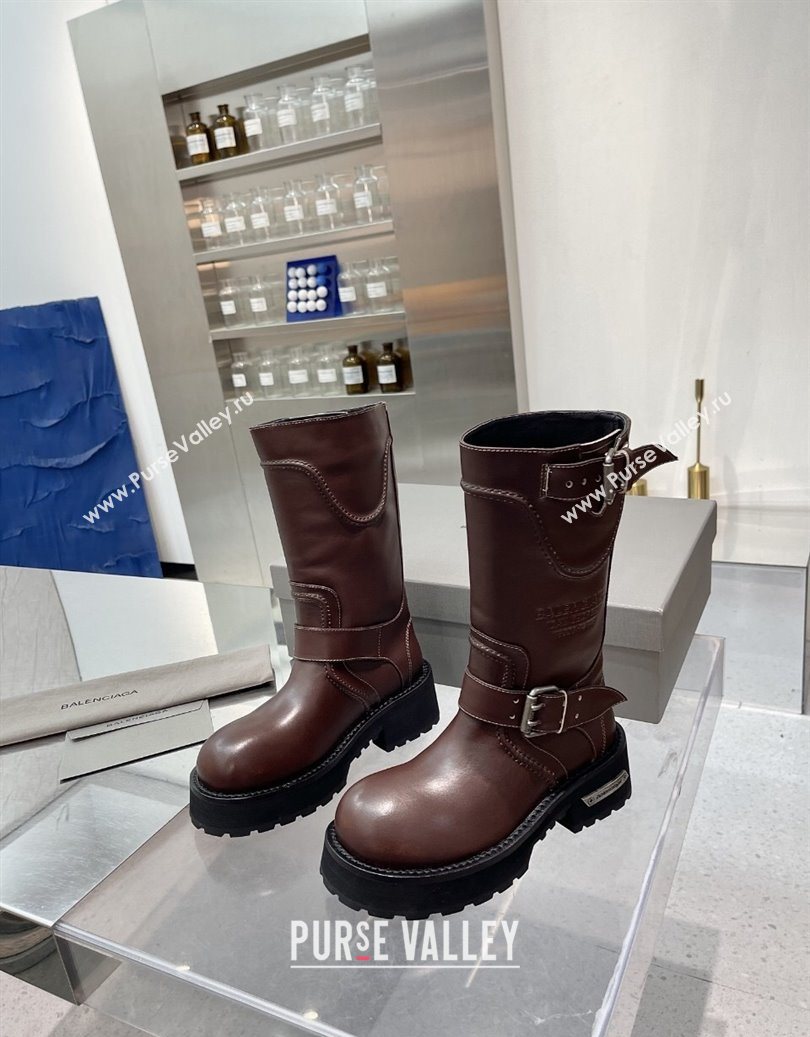 Balenciaga Womens Venom Mid Boots 5cm with Strap Buckle in Calfskin Leather Brown 2025 1104 (XL-251104105)