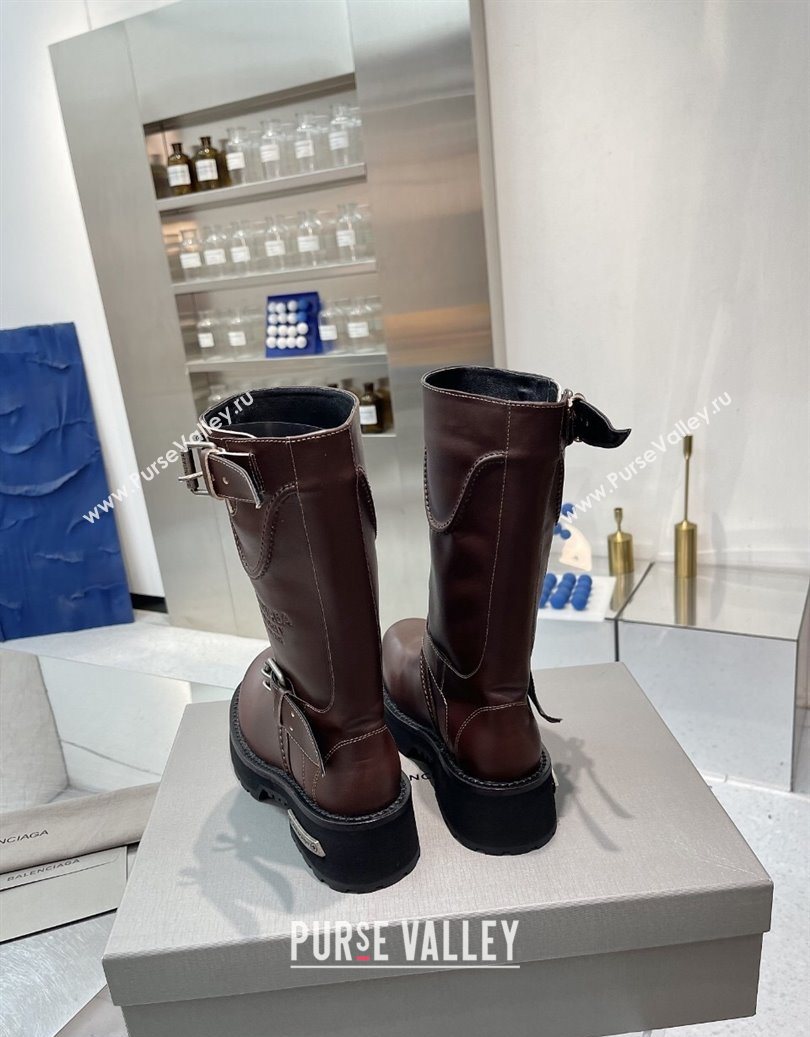 Balenciaga Womens Venom Mid Boots 5cm with Strap Buckle in Calfskin Leather Brown 2025 1104 (XL-251104105)