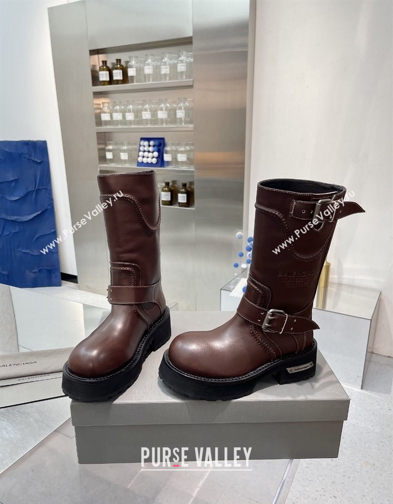 Balenciaga Womens Venom Mid Boots 5cm with Strap Buckle in Calfskin Leather Brown 2025 1104 (XL-251104105)