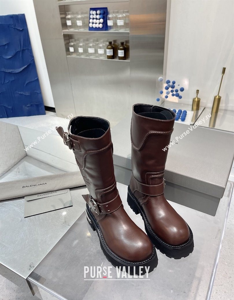 Balenciaga Womens Venom Mid Boots 5cm with Strap Buckle in Calfskin Leather Brown 2025 1104 (XL-251104105)