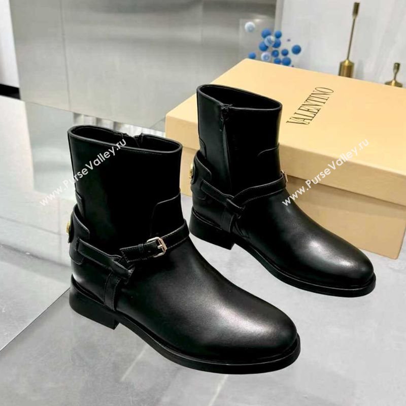 Valentino VLogo Signature Strap Flat Ankle Boots in Calfskin Leather Black 2025 1028 (XL-251104085)