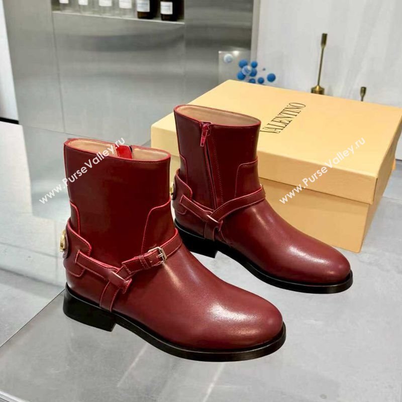 Valentino VLogo Signature Strap Flat Ankle Boots in Calfskin Leather Dark Burgundy 2025 1028 (XL-251104086)