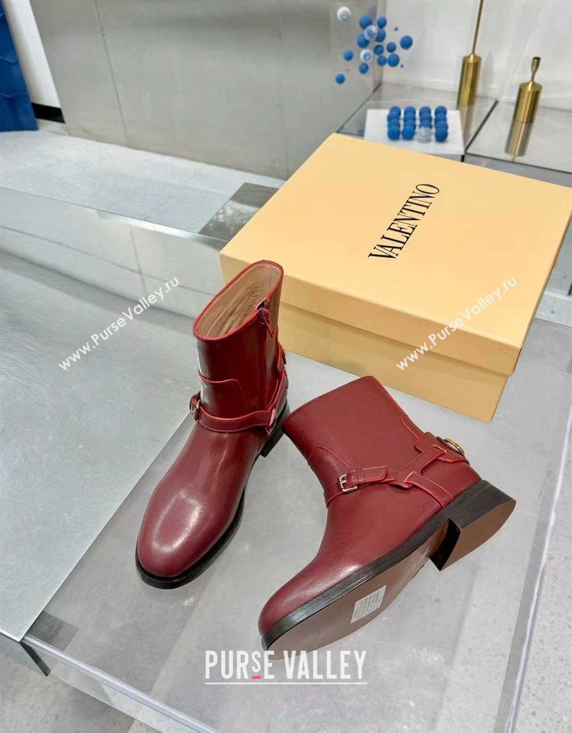 Valentino VLogo Signature Strap Flat Ankle Boots in Calfskin Leather Dark Burgundy 2025 1028 (XL-251104086)