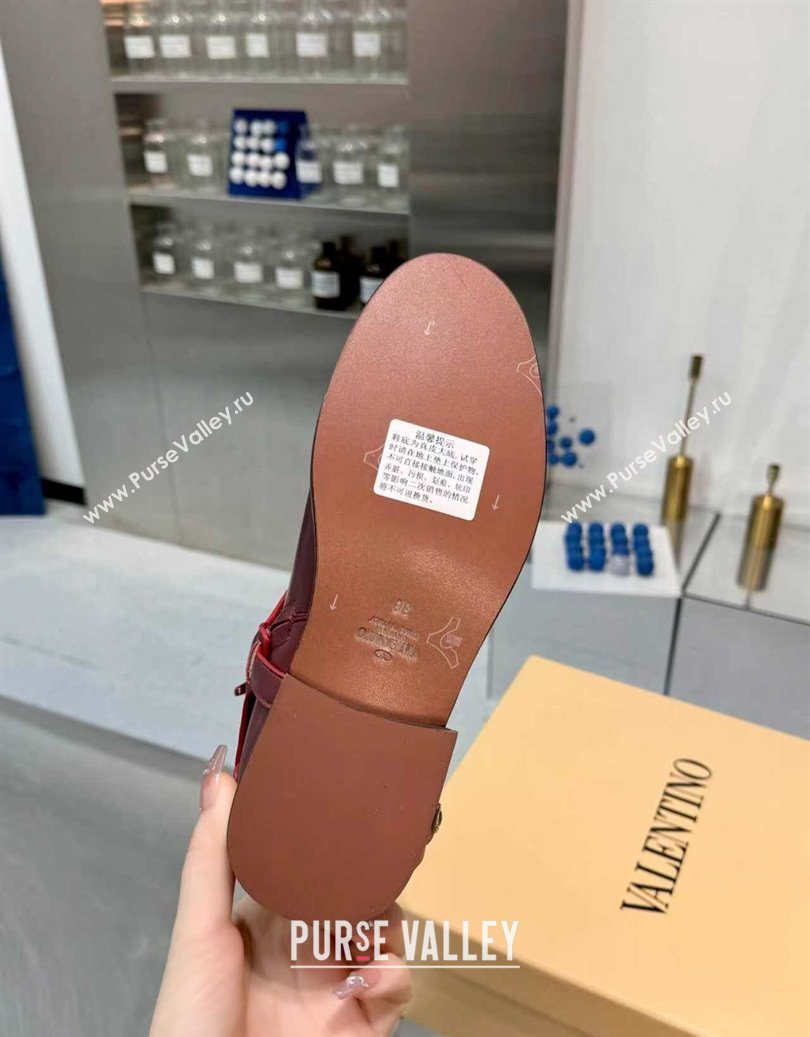Valentino VLogo Signature Strap Flat Ankle Boots in Calfskin Leather Dark Burgundy 2025 1028 (XL-251104086)