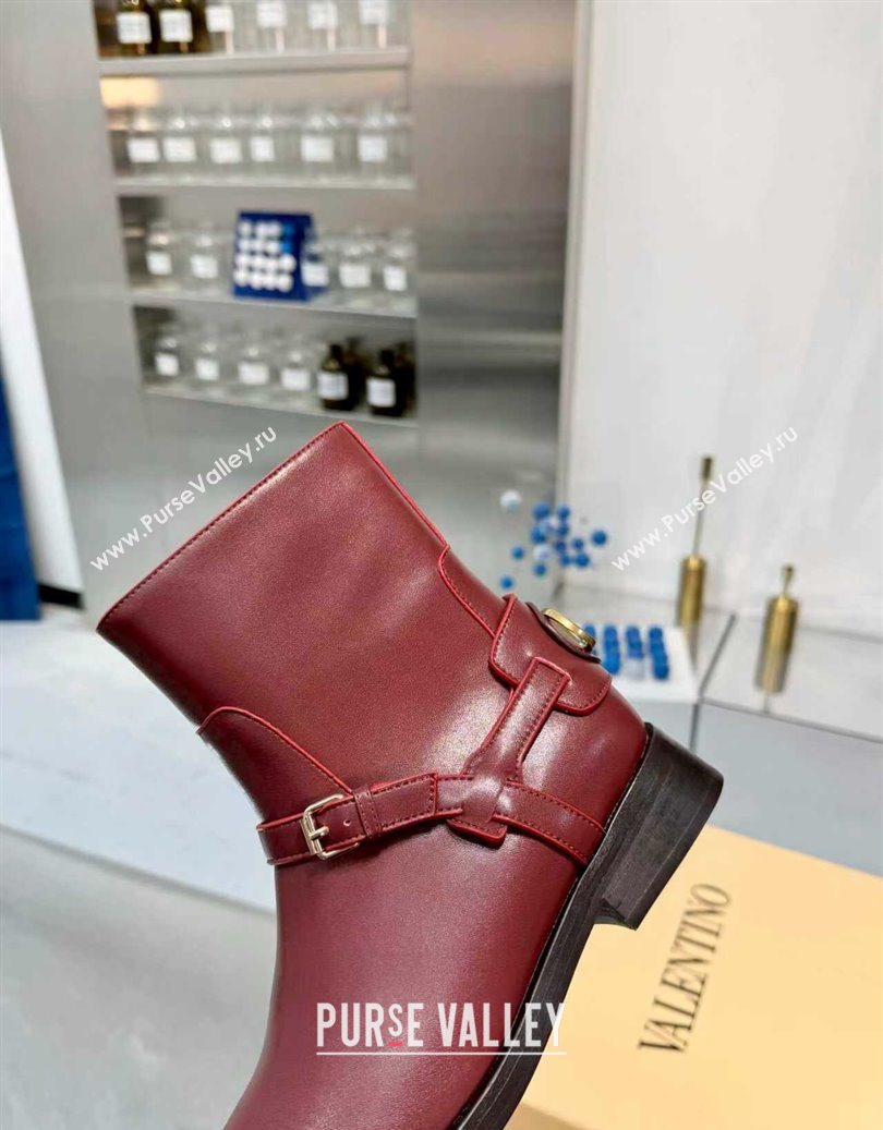 Valentino VLogo Signature Strap Flat Ankle Boots in Calfskin Leather Dark Burgundy 2025 1028 (XL-251104086)