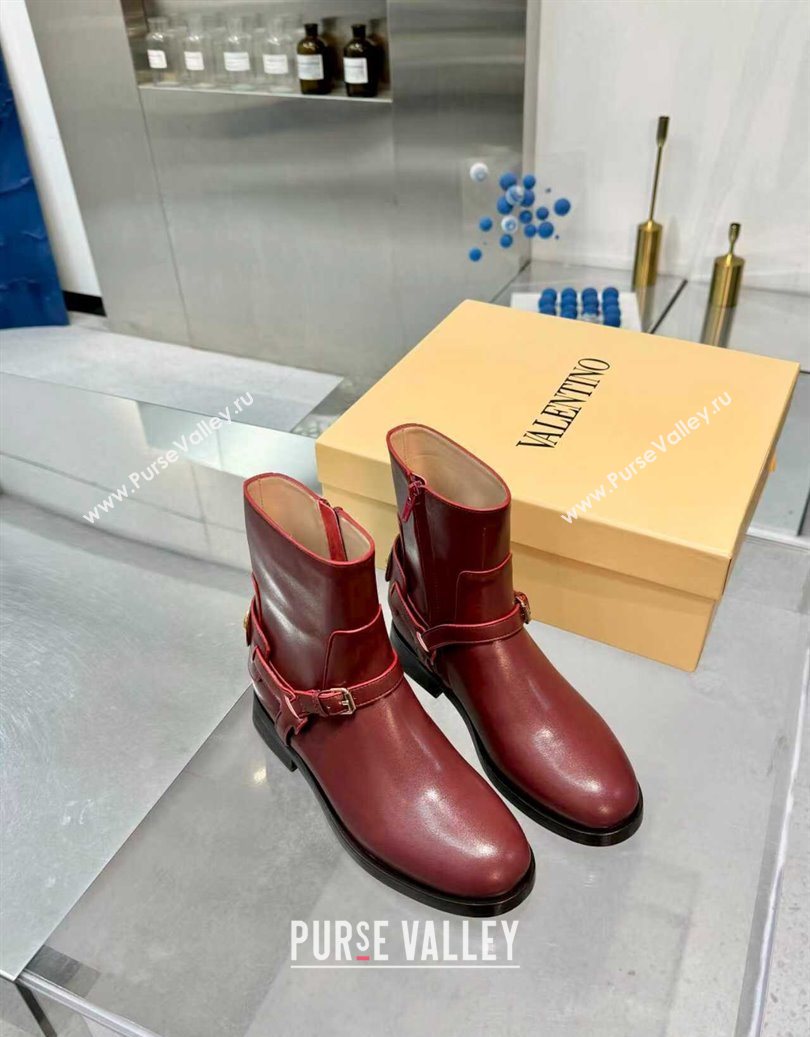 Valentino VLogo Signature Strap Flat Ankle Boots in Calfskin Leather Dark Burgundy 2025 1028 (XL-251104086)