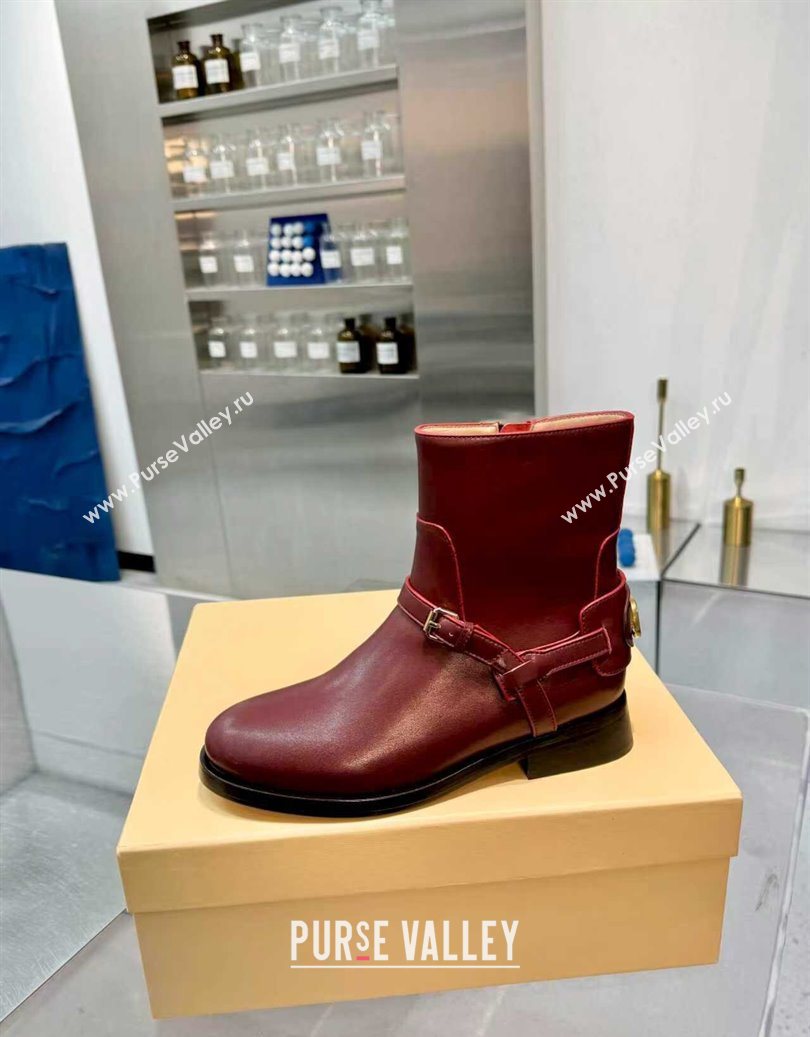 Valentino VLogo Signature Strap Flat Ankle Boots in Calfskin Leather Dark Burgundy 2025 1028 (XL-251104086)