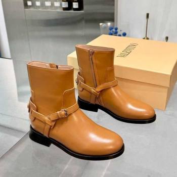 Valentino VLogo Signature Strap Flat Ankle Boots in Calfskin Leather Dark Beige 2025 1028 (XL-251104087)