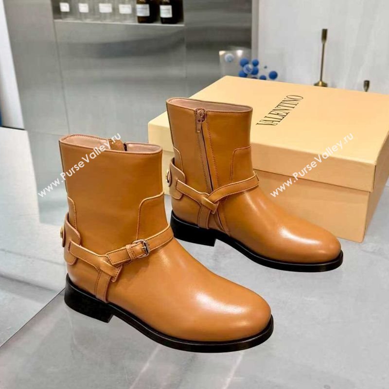 Valentino VLogo Signature Strap Flat Ankle Boots in Calfskin Leather Dark Beige 2025 1028 (XL-251104087)