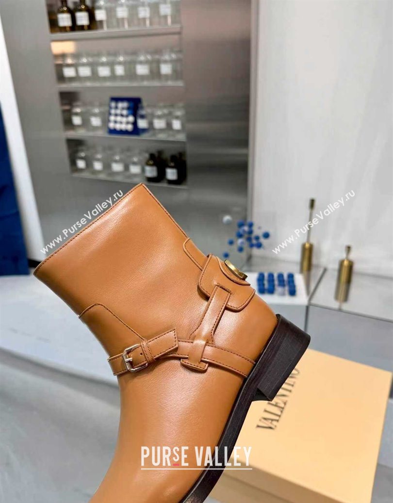 Valentino VLogo Signature Strap Flat Ankle Boots in Calfskin Leather Dark Beige 2025 1028 (XL-251104087)