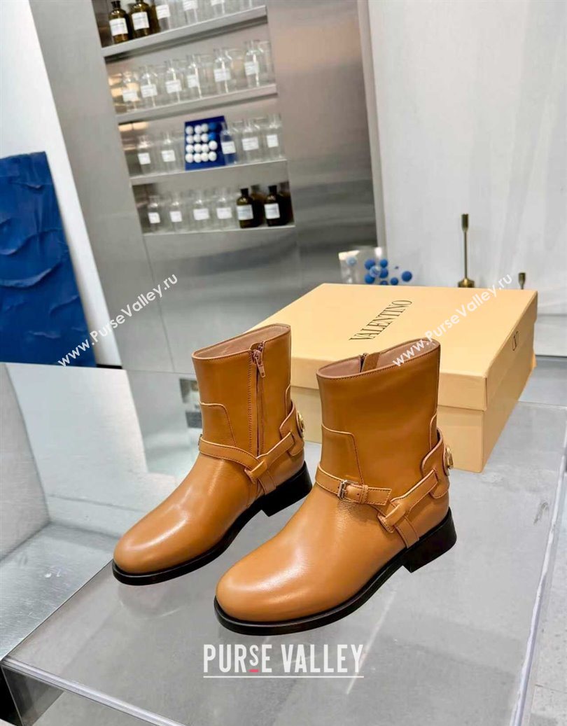 Valentino VLogo Signature Strap Flat Ankle Boots in Calfskin Leather Dark Beige 2025 1028 (XL-251104087)