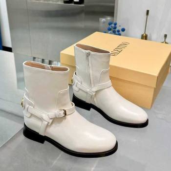 Valentino VLogo Signature Strap Flat Ankle Boots in Calfskin Leather White 2025 1028 (XL-251104088)