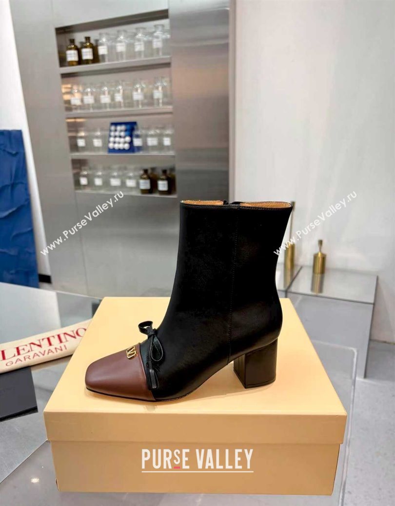 Valentino VALET DU ROI Heel Ankle Boots 6.5cm in Goatskin Leather with Bow Black/Brown 2025 1028 (XL-251104089)