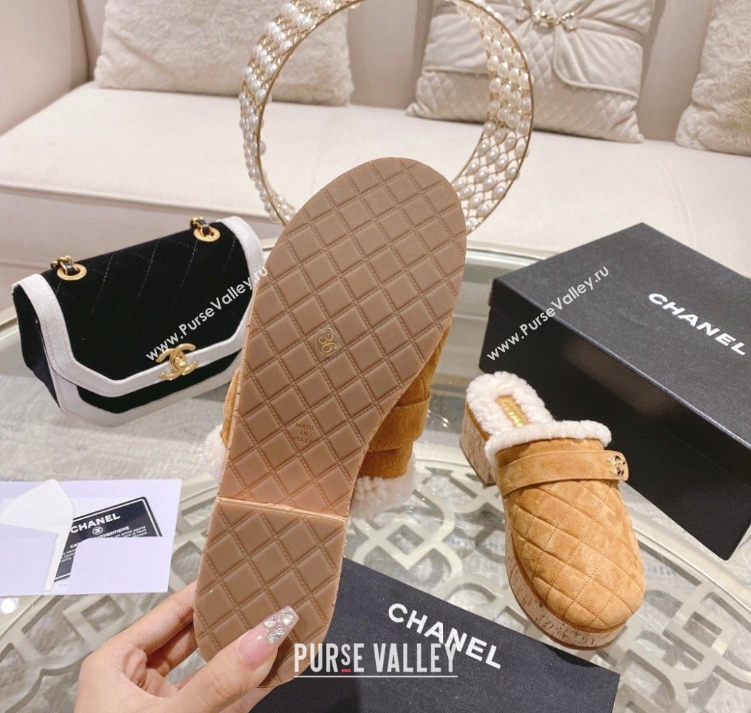 Chanel Quilted Suede and Wool Platform Mules with Strap Dark Beige 2025 CH110407 (MD-251104077)