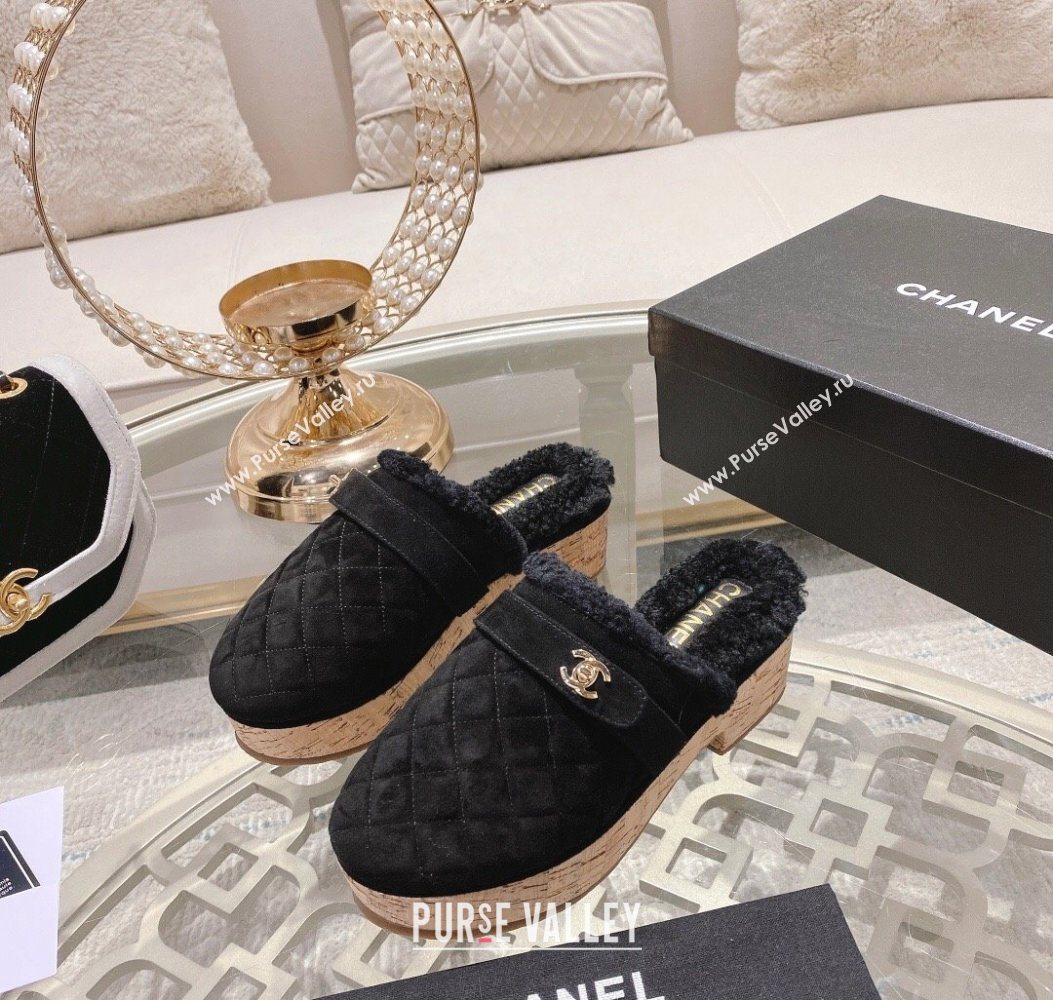 Chanel Quilted Suede and Wool Platform Mules with Strap Black 2025 CH110407 (MD-251104076)
