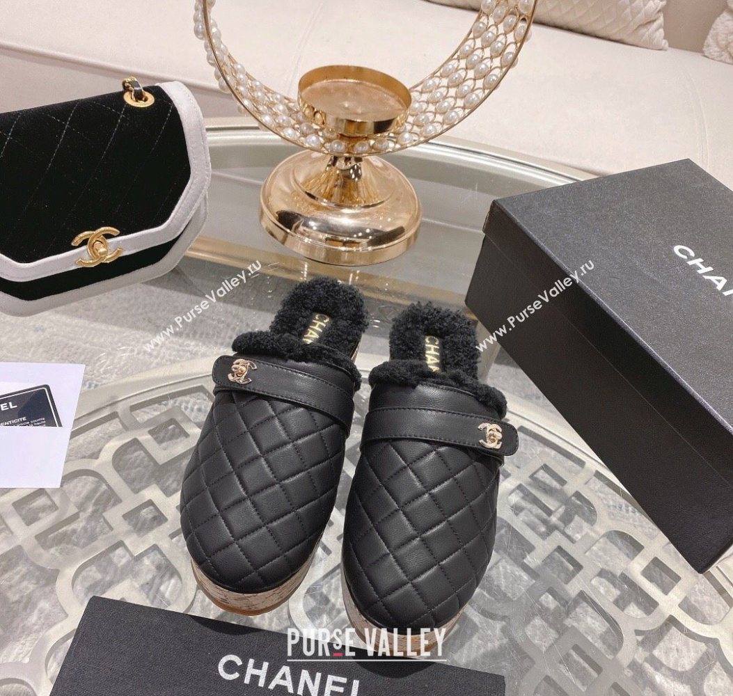 Chanel Quilted Calfskin Leather and Wool Platform Mules with Strap Black 2025 CH110407 (MD-251104078)