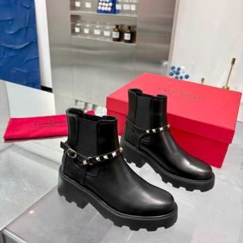 Valentino Rockstud Strap Ankle Boots 5.5cm in Calfskin Leather Black/Gold 2025 1104 (XL-251104093)