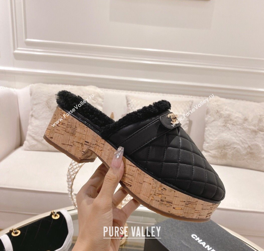Chanel Quilted Calfskin Leather and Wool Platform Mules with Strap Black 2025 CH110407 (MD-251104078)