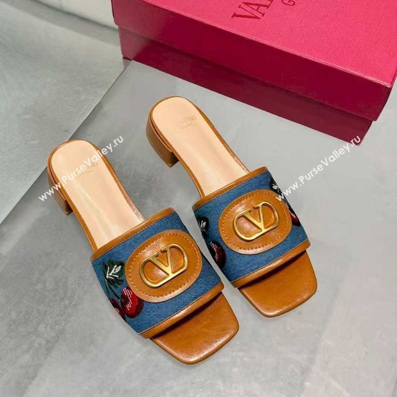 Valentino VLogo Signature Cherryfic Slides Sandal 3cm in Blue Denim and Leather Brown 2025 1104 (XL-251104094)