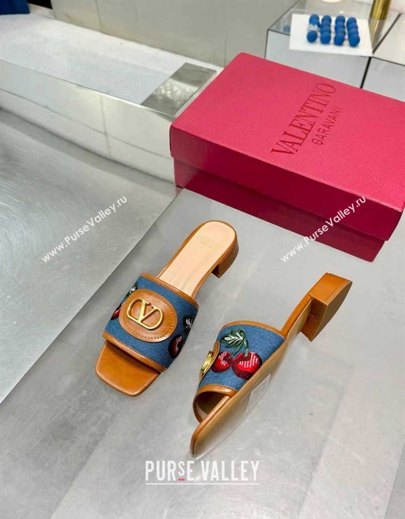Valentino VLogo Signature Cherryfic Slides Sandal 3cm in Blue Denim and Leather Brown 2025 1104 (XL-251104094)