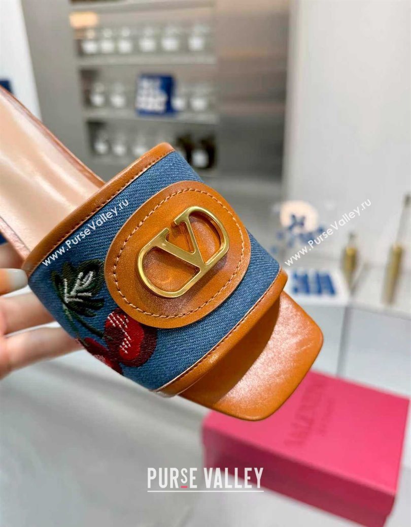 Valentino VLogo Signature Cherryfic Slides Sandal 3cm in Blue Denim and Leather Brown 2025 1104 (XL-251104094)