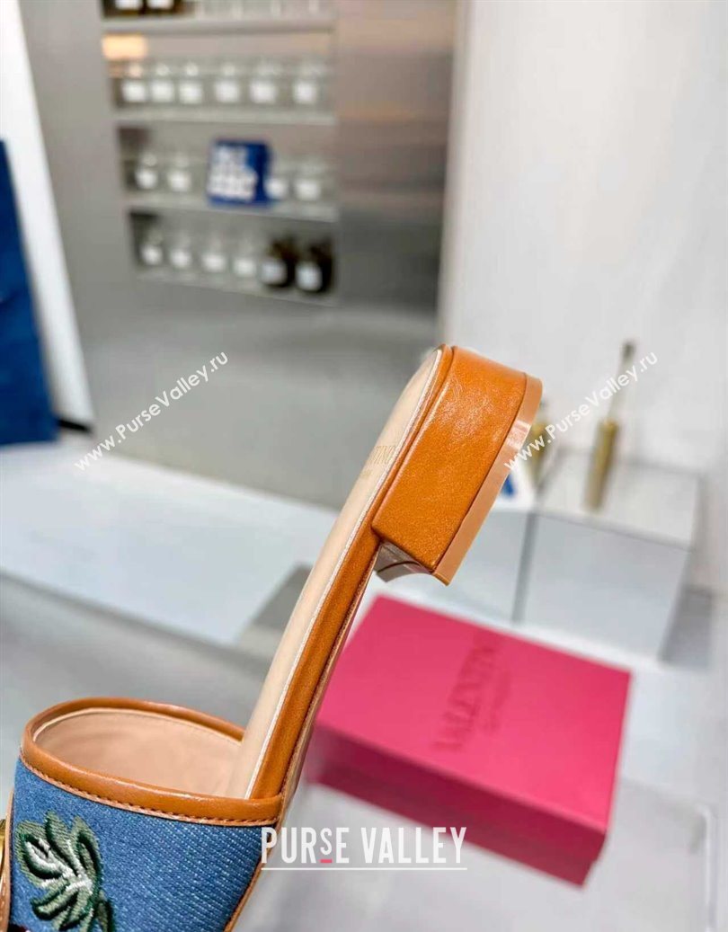 Valentino VLogo Signature Cherryfic Slides Sandal 3cm in Blue Denim and Leather Brown 2025 1104 (XL-251104094)
