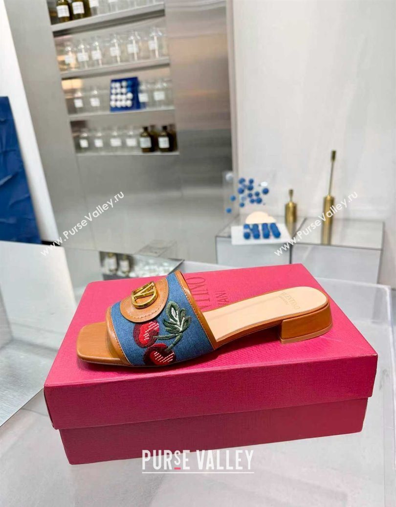 Valentino VLogo Signature Cherryfic Slides Sandal 3cm in Blue Denim and Leather Brown 2025 1104 (XL-251104094)