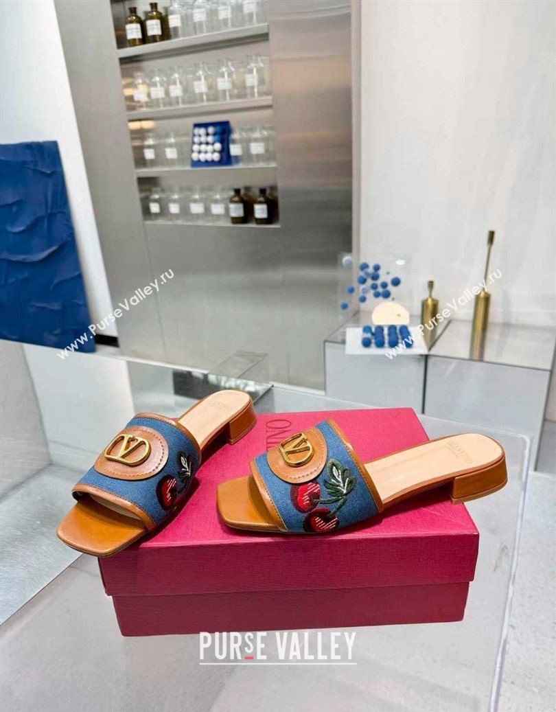 Valentino VLogo Signature Cherryfic Slides Sandal 3cm in Blue Denim and Leather Brown 2025 1104 (XL-251104094)