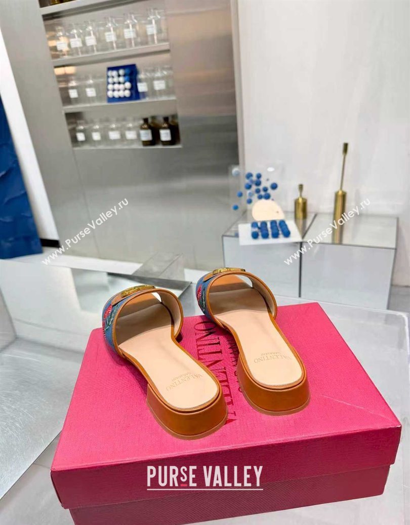 Valentino VLogo Signature Cherryfic Slides Sandal 3cm in Blue Denim and Leather Brown 2025 1104 (XL-251104094)