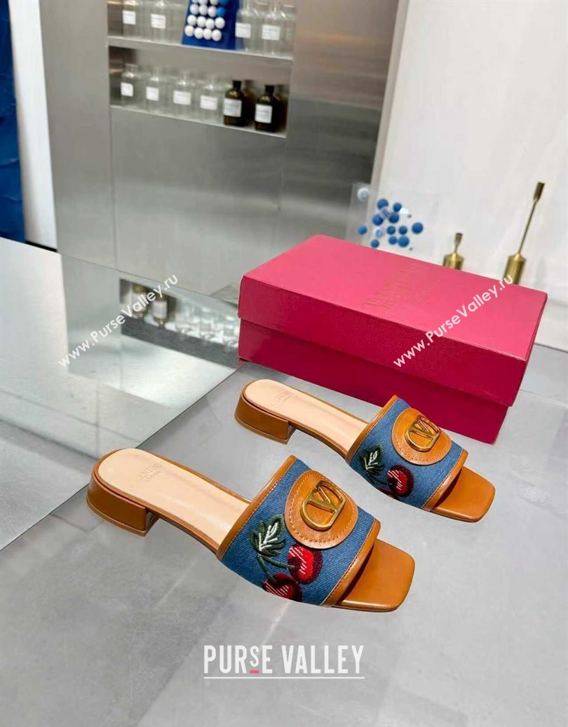 Valentino VLogo Signature Cherryfic Slides Sandal 3cm in Blue Denim and Leather Brown 2025 1104 (XL-251104094)