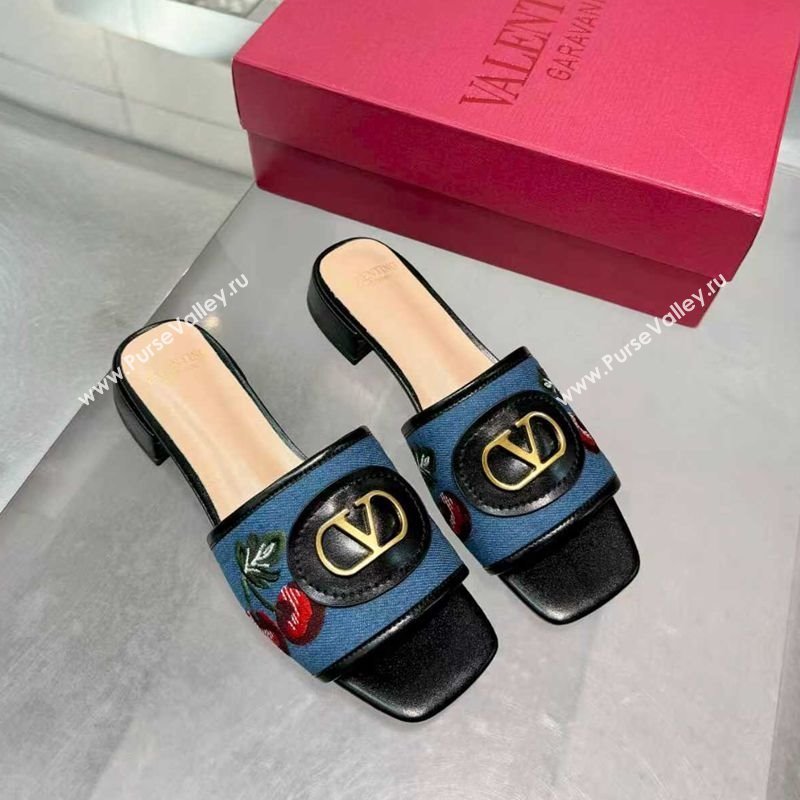 Valentino VLogo Signature Cherryfic Slides Sandal 3cm in Blue Denim and Leather Black 2025 1104 (XL-251104095)