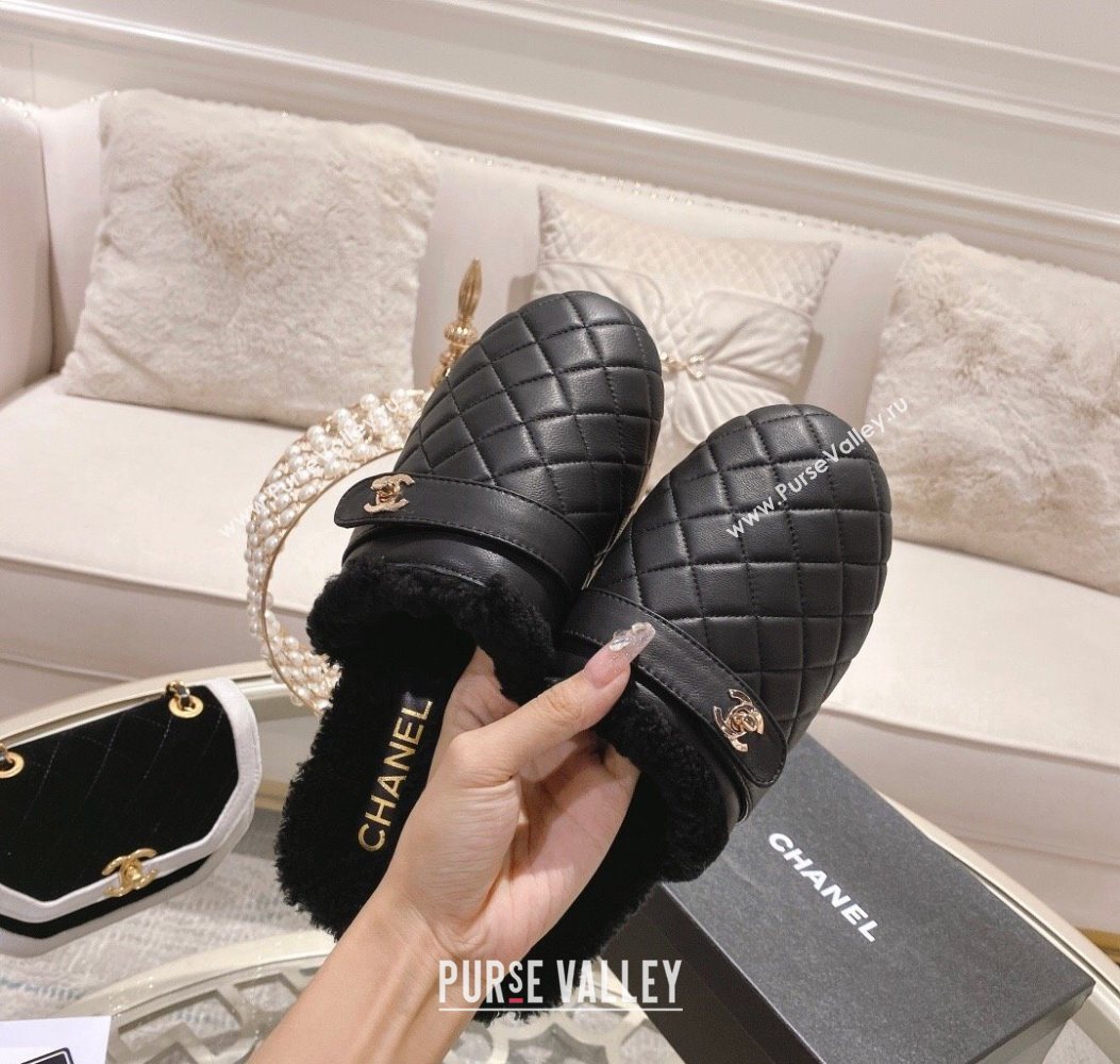 Chanel Quilted Calfskin Leather and Wool Platform Mules with Strap Black 2025 CH110407 (MD-251104078)