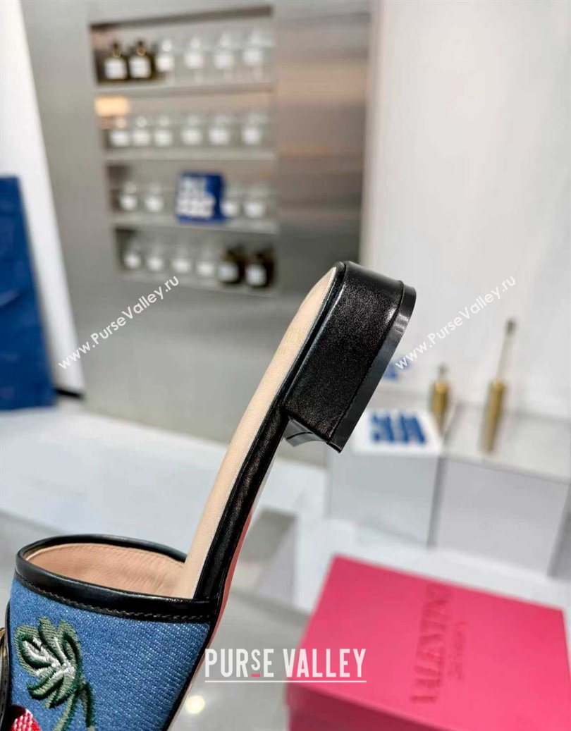 Valentino VLogo Signature Cherryfic Slides Sandal 3cm in Blue Denim and Leather Black 2025 1104 (XL-251104095)