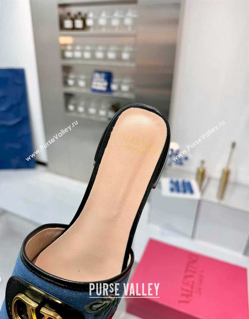 Valentino VLogo Signature Cherryfic Slides Sandal 3cm in Blue Denim and Leather Black 2025 1104 (XL-251104095)