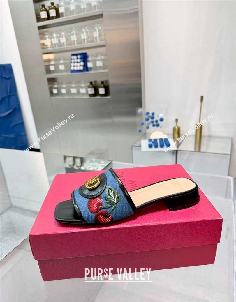 Valentino VLogo Signature Cherryfic Slides Sandal 3cm in Blue Denim and Leather Black 2025 1104 (XL-251104095)