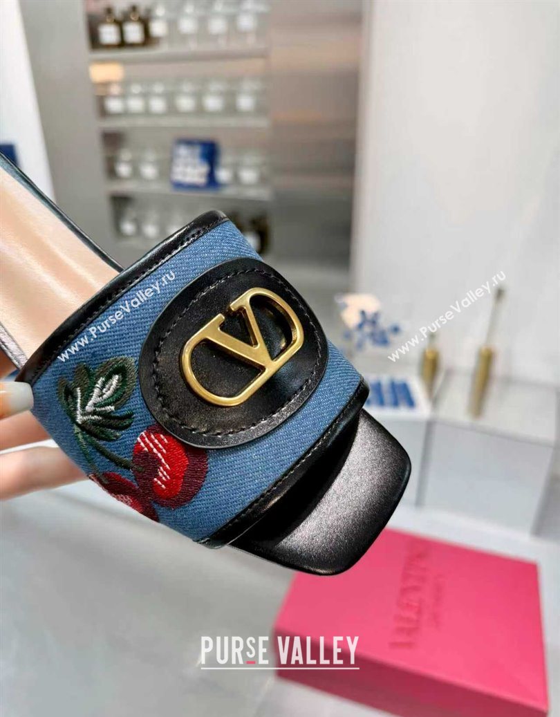 Valentino VLogo Signature Cherryfic Slides Sandal 3cm in Blue Denim and Leather Black 2025 1104 (XL-251104095)