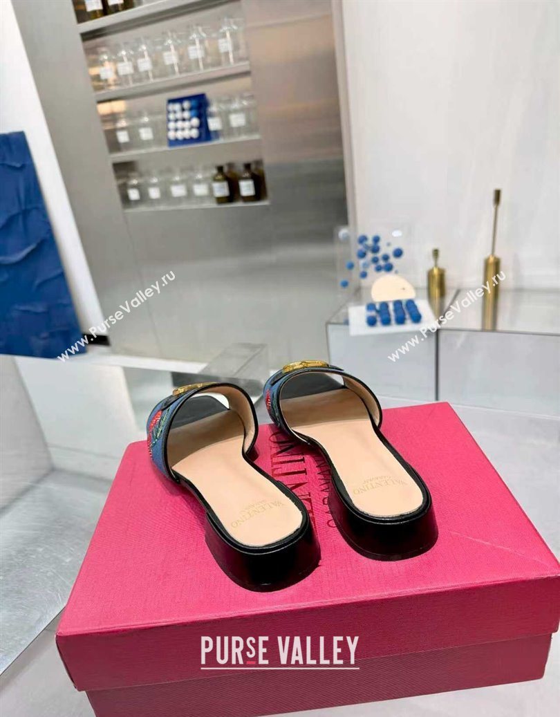 Valentino VLogo Signature Cherryfic Slides Sandal 3cm in Blue Denim and Leather Black 2025 1104 (XL-251104095)